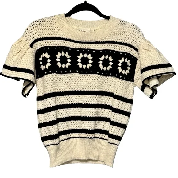 BIBI Floral Crochet Ruffle Flutter Sleeve Striped Cottagecore Sweater Blouse Top - Picture 2 of 11